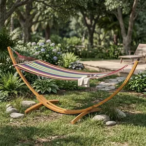 Premium Wooden Hammock with Heavy Duty Stand 330 Lbs Capacity Natural Wood Finish Indoor Outdoor Use for Patio Garden and Backyard