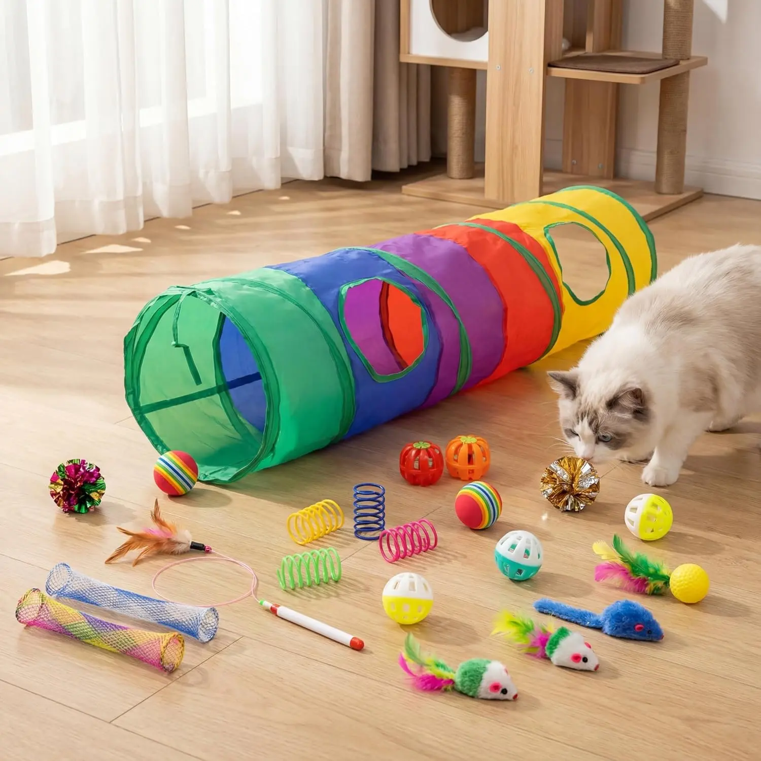 25 Pcs Cat Toys for Cats, Indoor Kittens - Interactive Variety Pack, 45 inches Rainbow Cat Tunnel, Feather Teaser, Feather Golf, Mice, Springs, Balls, Noise Toys - Rainbow/Colorful 45"