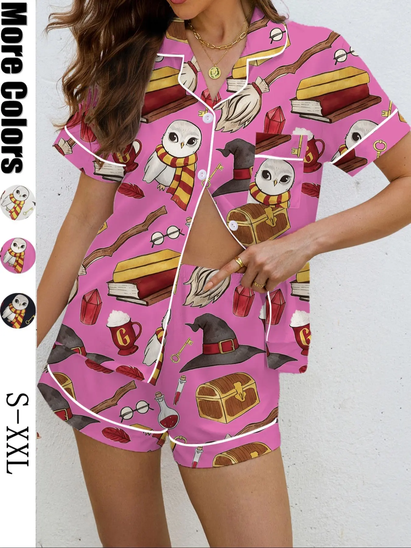 Women's Owl Broom Magic Print Pajama Set, Casual Loose-Fit Fashion Sleepwear Loungewear, Soft Shirt Collar Top & Elastic Shorts, All-Over Print Design Pjs Collared, Pajama Nightwear, Loungewear Shorts Sets