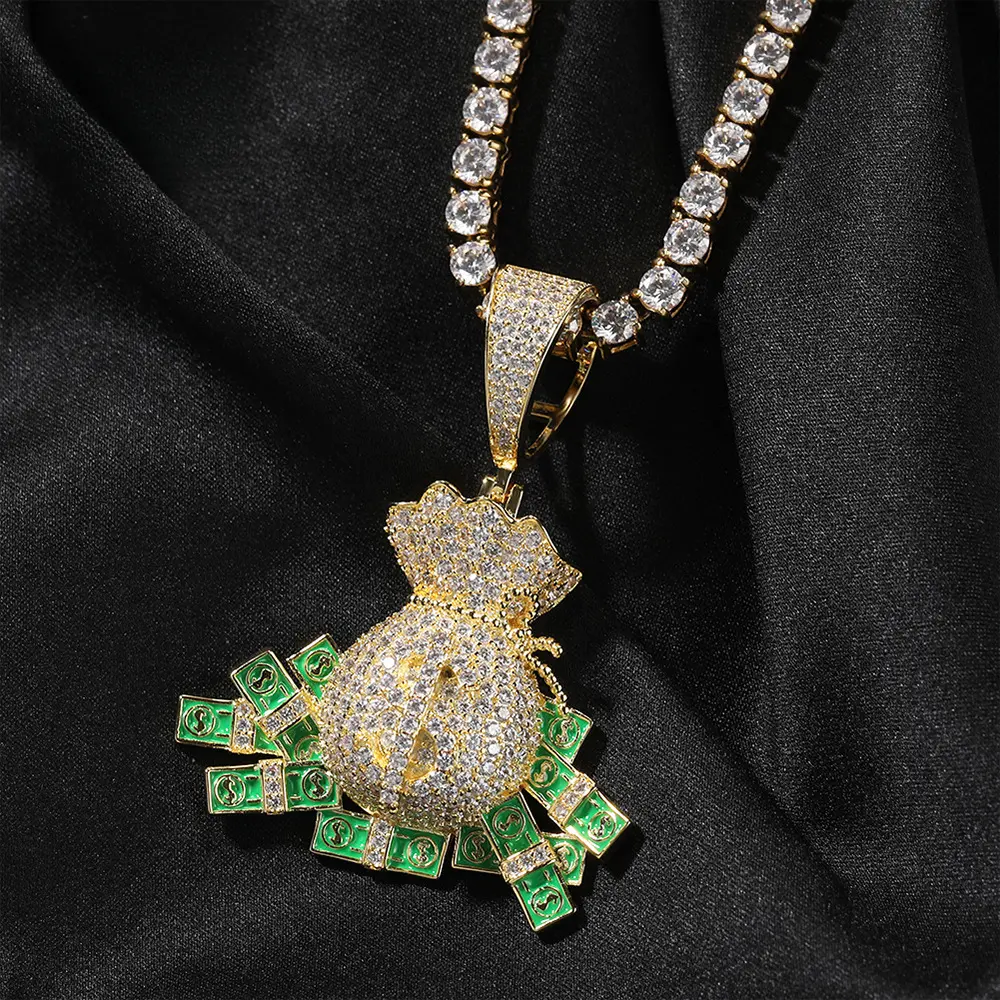 Unisex Copper-Base Dollar-Shape Hip-Hop Casual Necklace - New-Style Zircon-Inlaid Dollar Purse Pendant, Trendy Sweater Chain for Daily Wear
