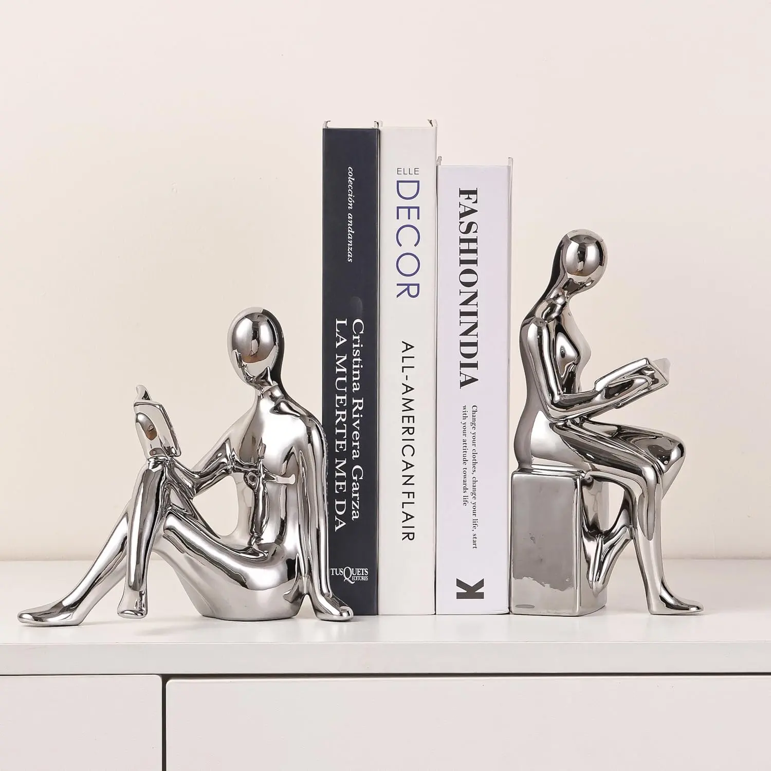 Silver Ceramic Decorative Bookends - 2-Piece DIY Weighted Non-Slip Pads Book Holders, Modern Farmhouse Aesthetic Statues for Home Office Shelves, Ideal Birthday Gifts for Female, Male Friends