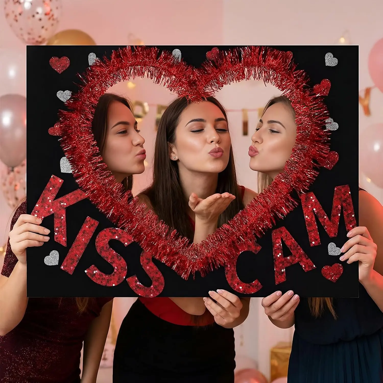 Large Size Wedding Poto Booth Props, 31.5 X21.6in  Cam Frame Cardboard Cutout Valentines Photo Booth Photography for Galentines Day Party Birthday Decorations(Furry Heart)