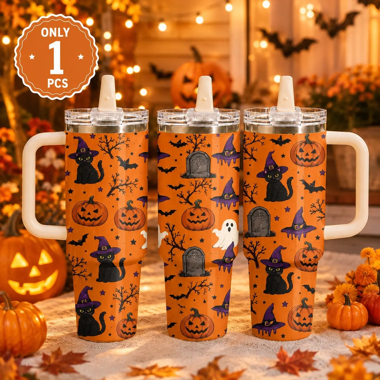 Kawaii Halloween Pumpkin 40oz Tumbler with Handle & Straw, Cute Ghost Black Cat Witchcore Stainless Steel Vacuum Insulated Travel Mug, Spooky Autumn Design Cup for Women, Car, Gym & Work