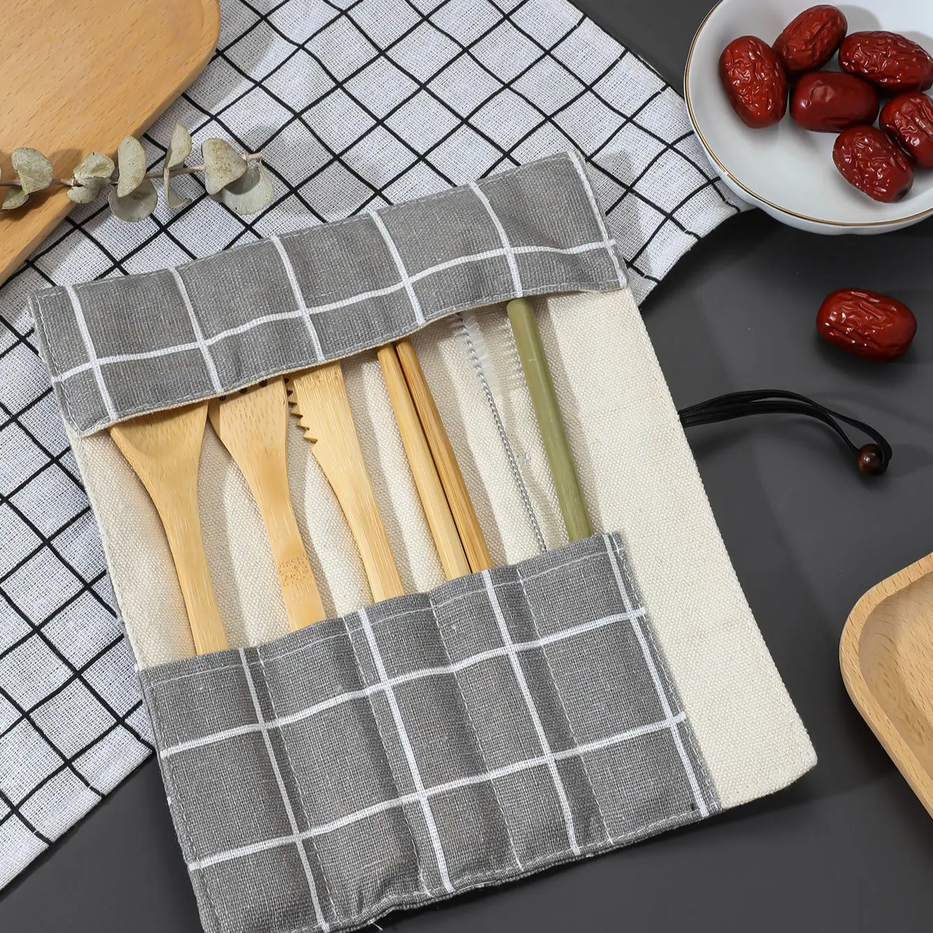 Portable Biodegradable Bamboo Cutlery Set, 6-Piece Eco-Friendly Picnic Utensils, Reusable Fork Spoon Chopsticks Straw Brush, Multiple Patterns