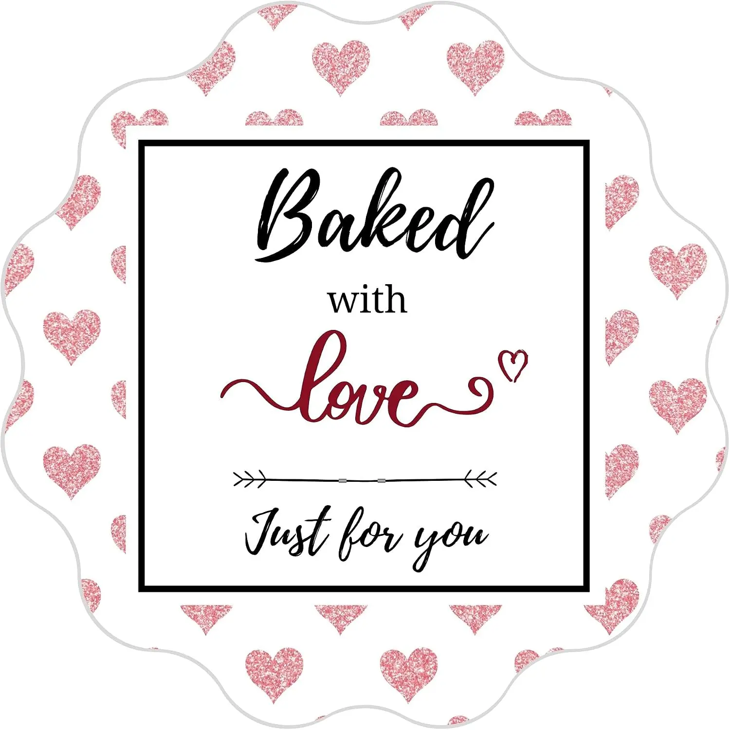 Baked with Love Stickers Roll | Scalloped Cut |  | 2 inch | 300 Labels for Cookie Cupcake Stickers Homemade Bakery Bread Bags Labels Baked Goods Packaging