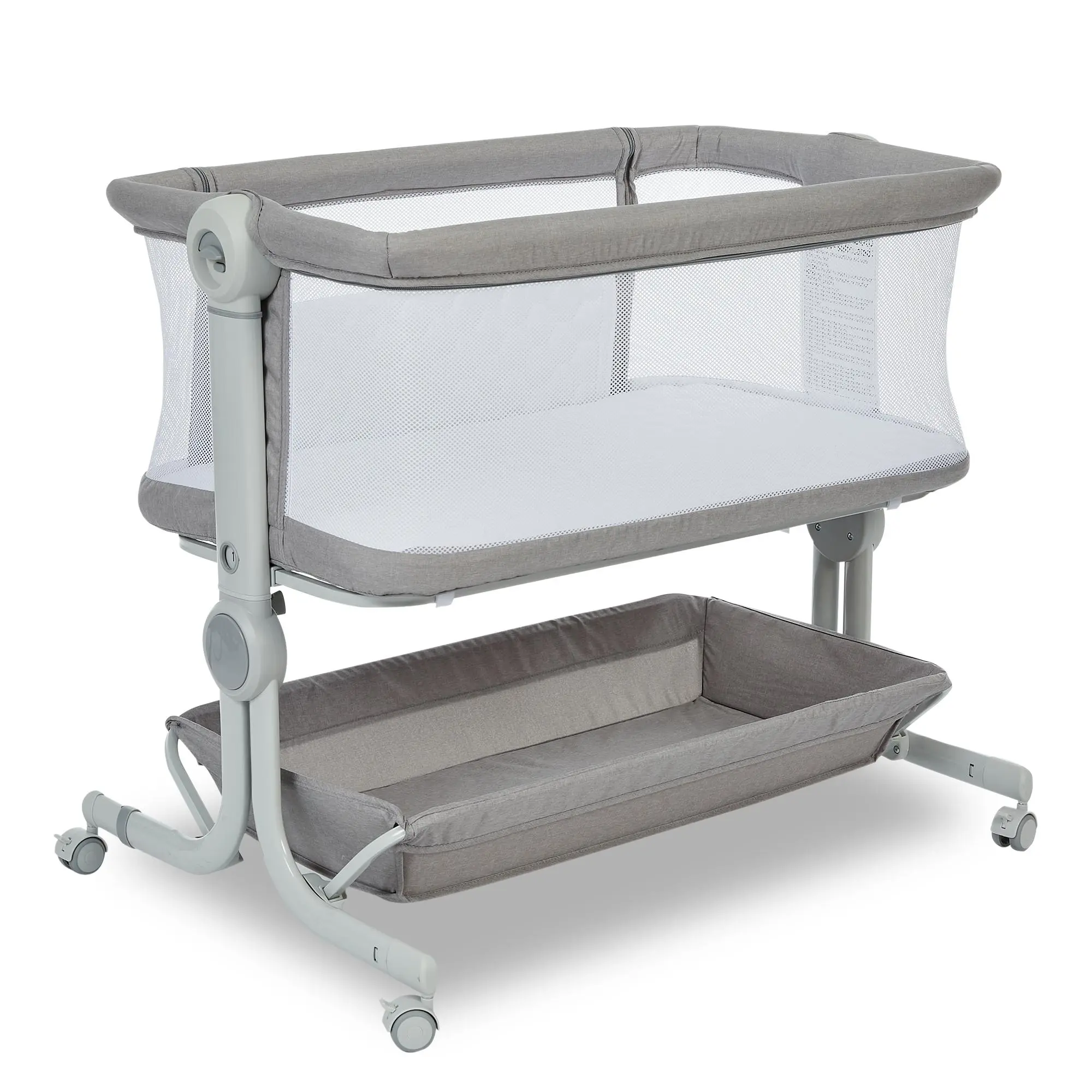 3-in-1 Foldable Newborn Baby Bedside Sleeper Bassinet - Portable Travel Crib with Mosquito Net, Extra Storage Basket, 360° Swivel Lockable Wheels, Adjustable Height, Retractable Support Legs, Anti-Reflux Design, CPC Certified Indoor Furniture Bed