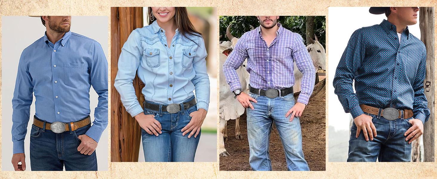 SUNDAY MIRTH Western Leather Buckle Belt for Men Women Cowboy Cowgirl Mens Leather Belt for Jeans