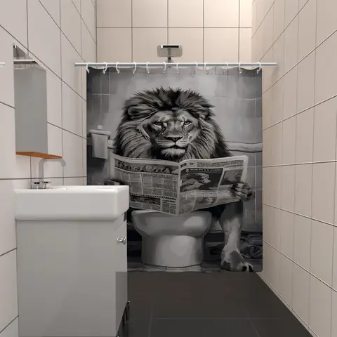 Lion/Monley/Dog Print Bathroom Shower Curtain, Waterproof & Light-proof Bathroom Curtain with 12pcs Hooks, Printed Shower Curtain, Bathroom Accessories for Home Hotel Salon Dormitory