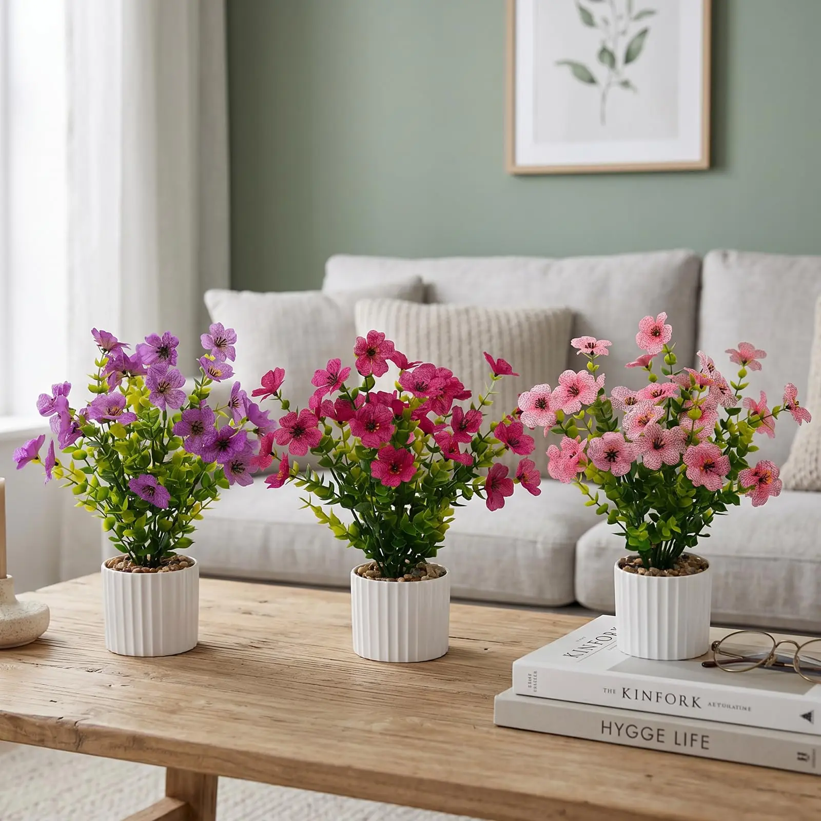 6-Pack Artificial Potted Plants, Mini Faux Flowers in Plastic Pots, Maintenance-Free Tabletop Greenery for Home Office Desk & Shelf Decor - 25cm Tall (10 Inches)