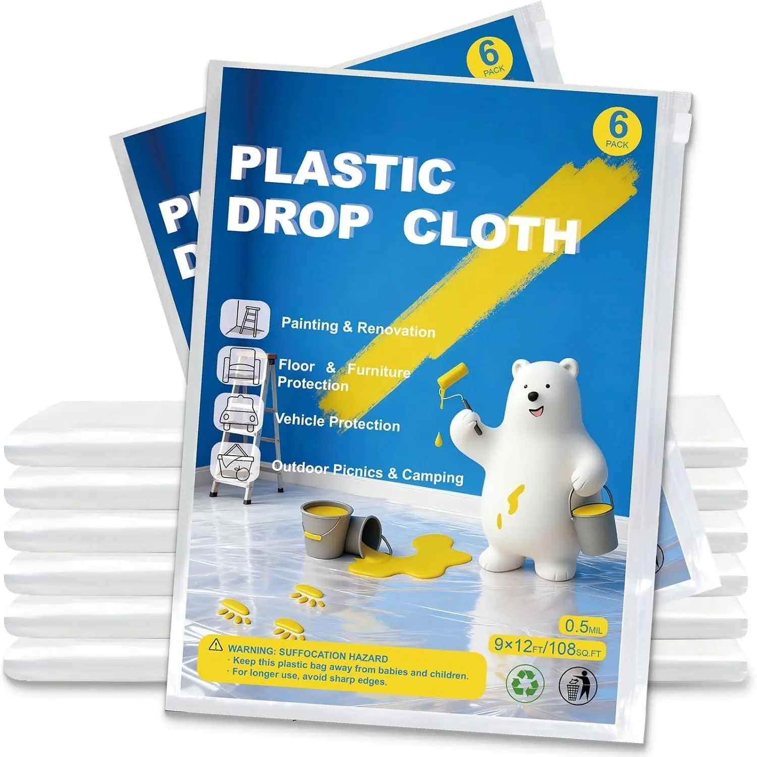 6 Pack  Plastic Drop Cloths for Painting, 9x12 FT  & Dust-Proof Furniture and Floor  Plastic Covering, Disposable Plastic  Tarp for DIY Projects &  Renovations