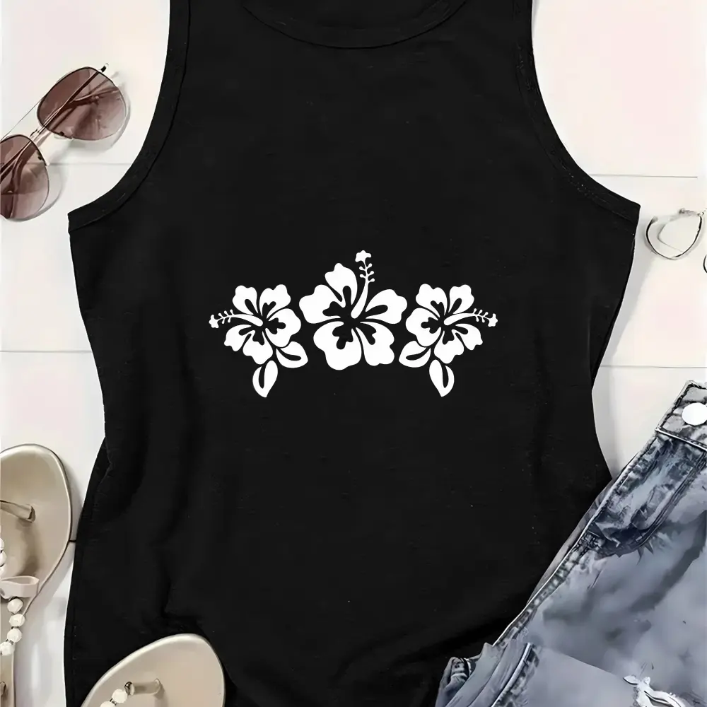Simple Horizontal Three White Hibiscus Flower Minimal Tropical Graphic Tank Top For Women, Hawaiian Aloha Summer Beach Vacation Sleeveless Casual Tank Shirt, Coastal Minimalist Ladies Daily Outfit