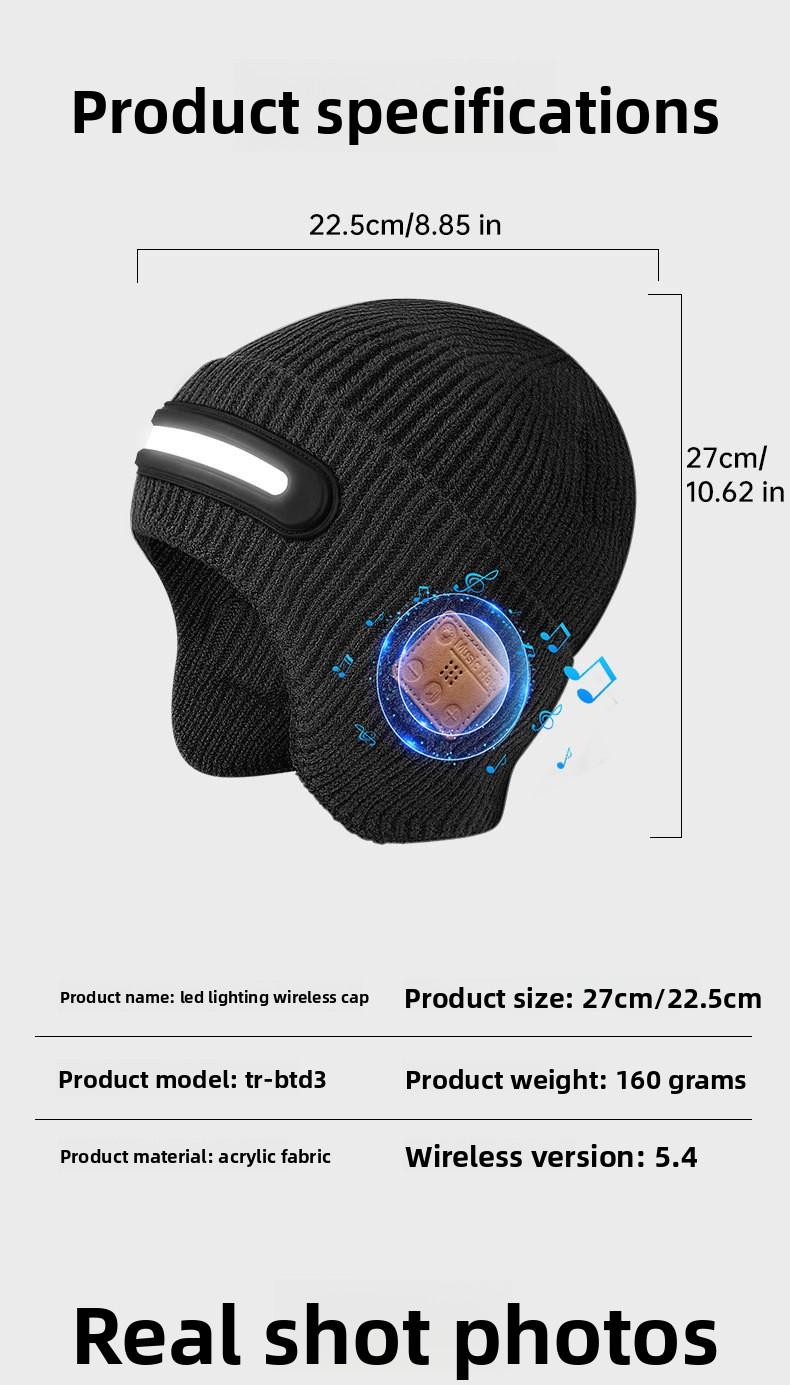 New USB Charging Light-Up Bluetooth Headphone Hat Outdoor Warm Knitted Ear Protection Hat Wireless Music Colorful Light Design Unisex Fashionable Casual Flashlight Hat for Christmas Holidays