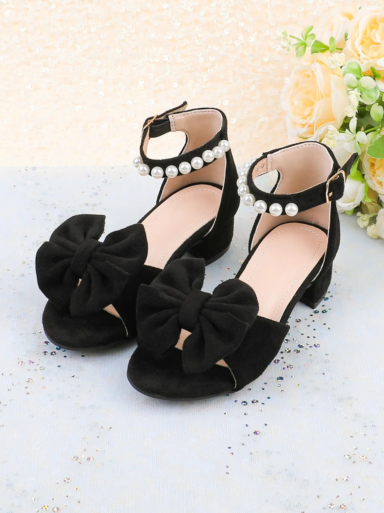 Girls' Sandals, Low-Heel, Chunky Heel, Dress Shoes, Open-Toe, Ankle Strap, Formal Shoes, Bow Accent, Pink Shoes, Wedding & Party Shoes, Suitable for Toddlers/Older Children