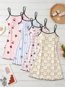 4-Pack Women's Strapless Nightdresses, Striped Rhombus Print Summer Pajamas, Casual Fitted H-Type Sleepwear for All Seasons