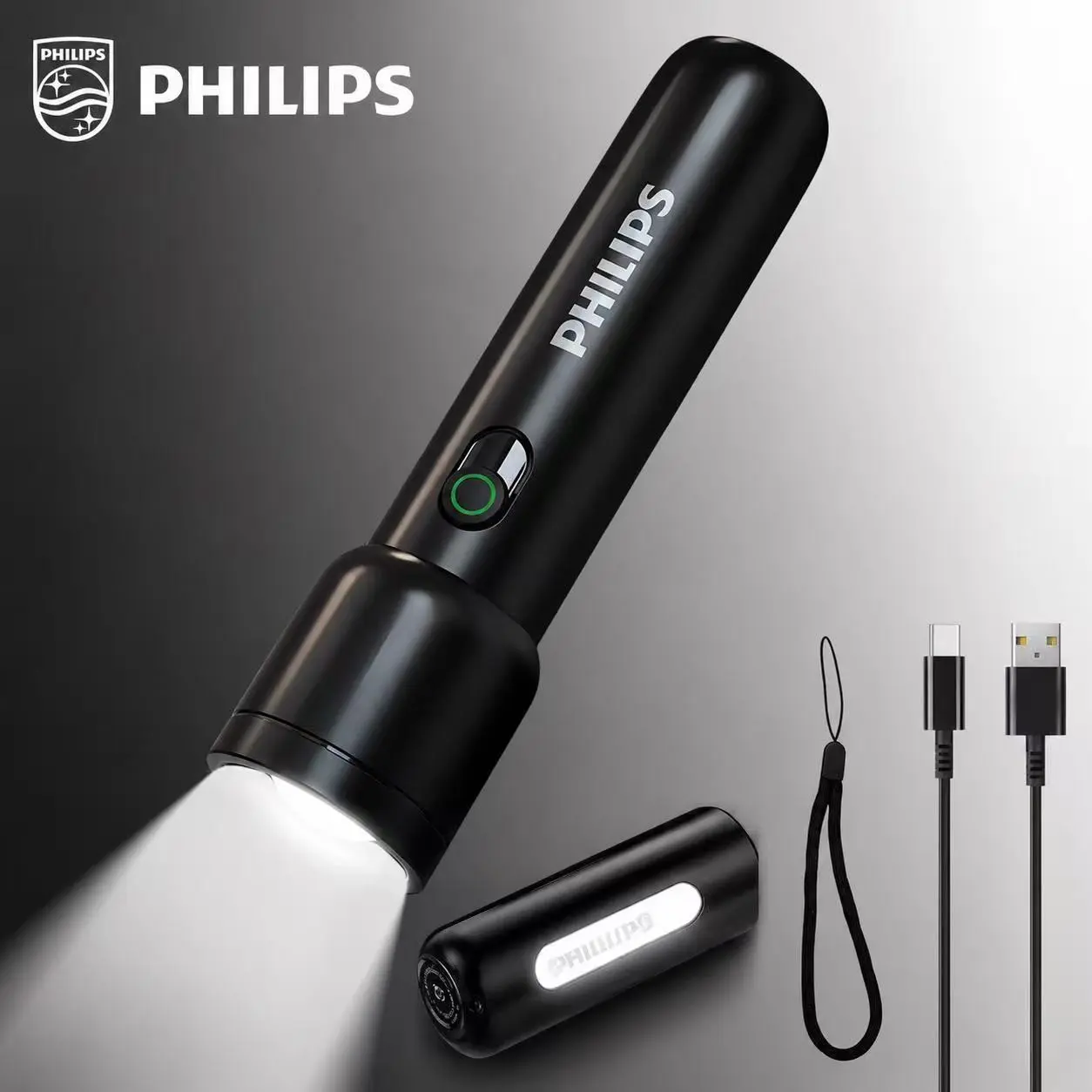 Philips Rechargeable Zoom LED Flashlight, Side Flood Light, Adjustable Brightness, 5 Modes, Sos Strobe, Extendable Focus, Type-C Charging, Camping Emergency