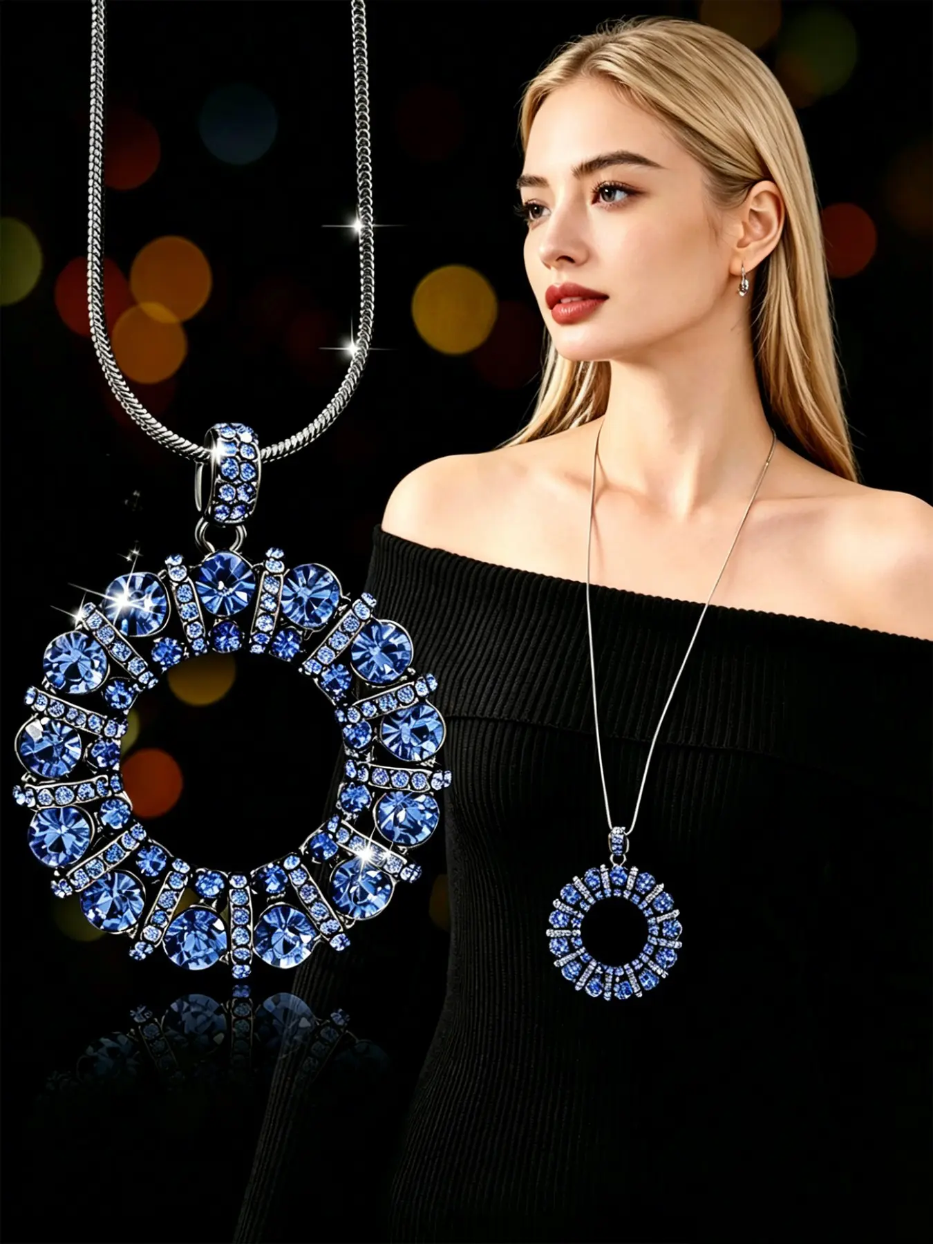 1 Piece Fashionable, Shimmering Blue Rhinestone Circle Pendant Long Chain Necklace for Women—Simple, Elegant, and Versatile Sweater Necklace