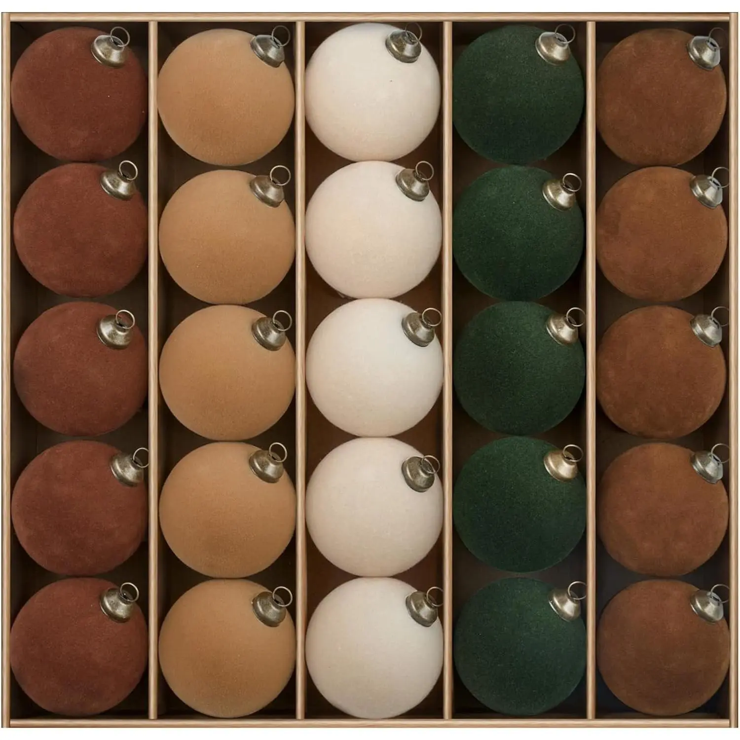 25-Pack Velvet Christmas Ornaments Bulk, Plastic Flocked Ornaments Decorative Balls for Christmas Tree Decorations Party Decor (Brown & Green & Beige, 2.36Inch)