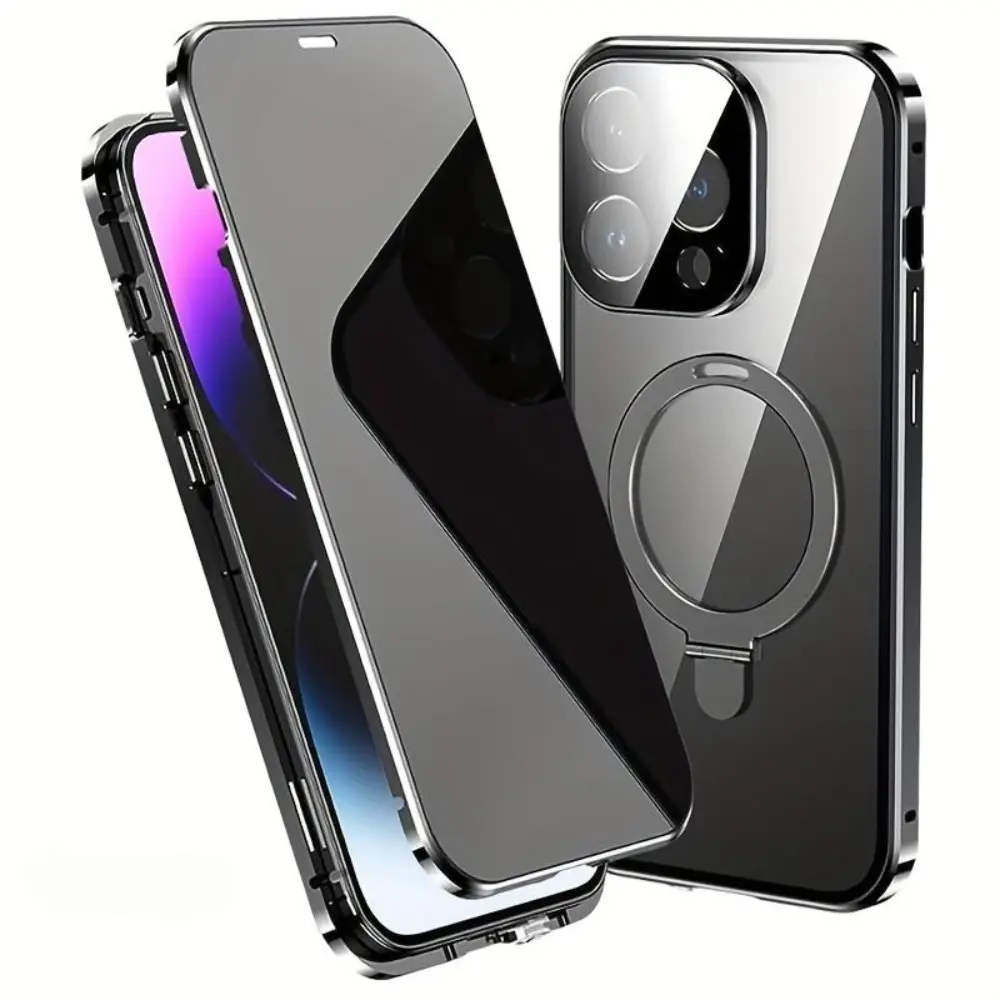 Tempered Glass Anti-Spy Magnetic Wireless Charging Smartphone Casing Cover for iPhone 12/13/14/15/16 Pro Max Plus, Full Body Shockproof Metal Frame Accessory with Built-In Bracket, Screen Protector for iPhone Protection