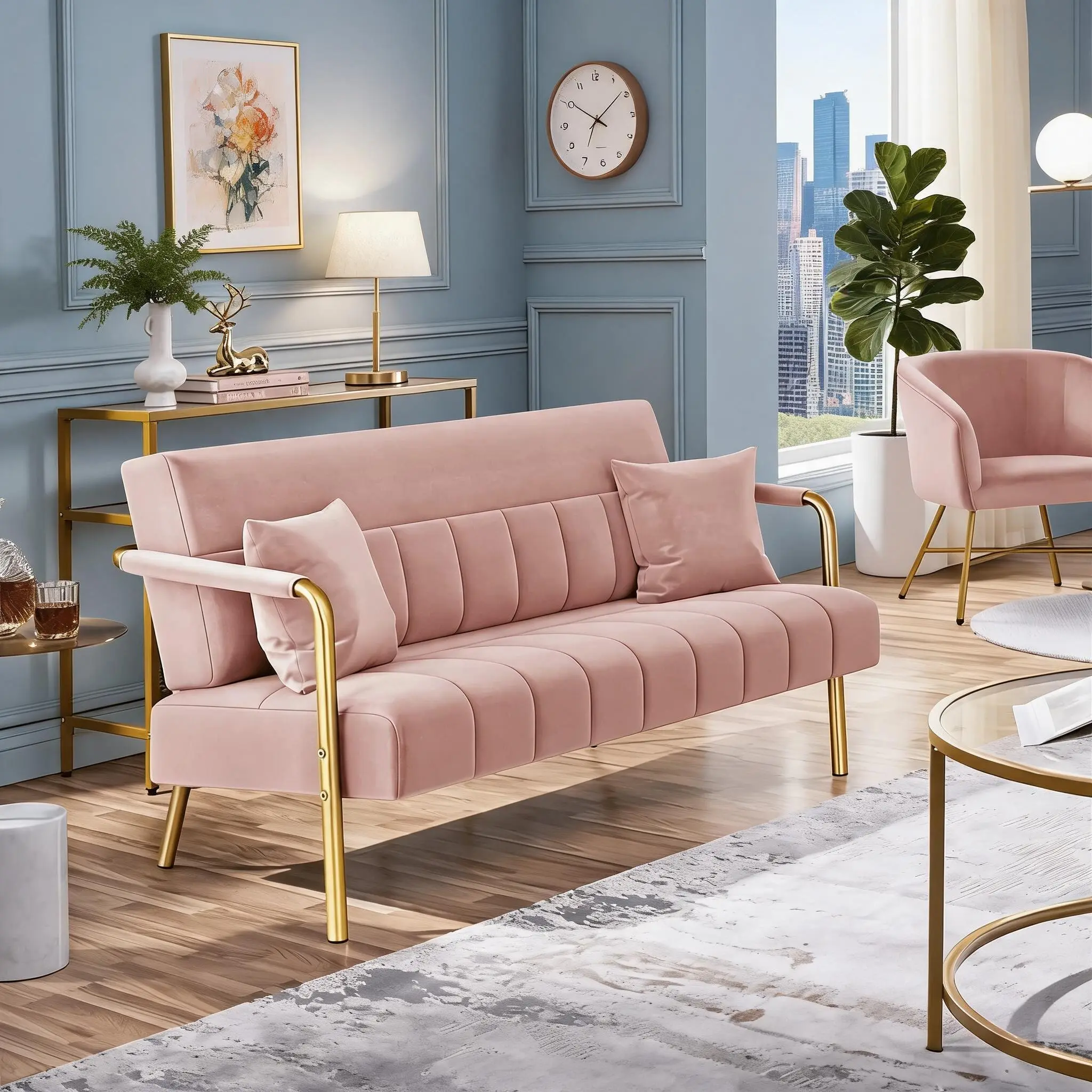 Pink 56.5 in Coquette Velvet Loveseat Sofa - Ergonomic Mid-Back Upholstered Couch with Round Velvet Armrests, Gold Iron Legs, 600lbs Sturdy Durable Frame, 2-3 Seater for Living Room Studio Apartment Casual Chats, 600 Lbs