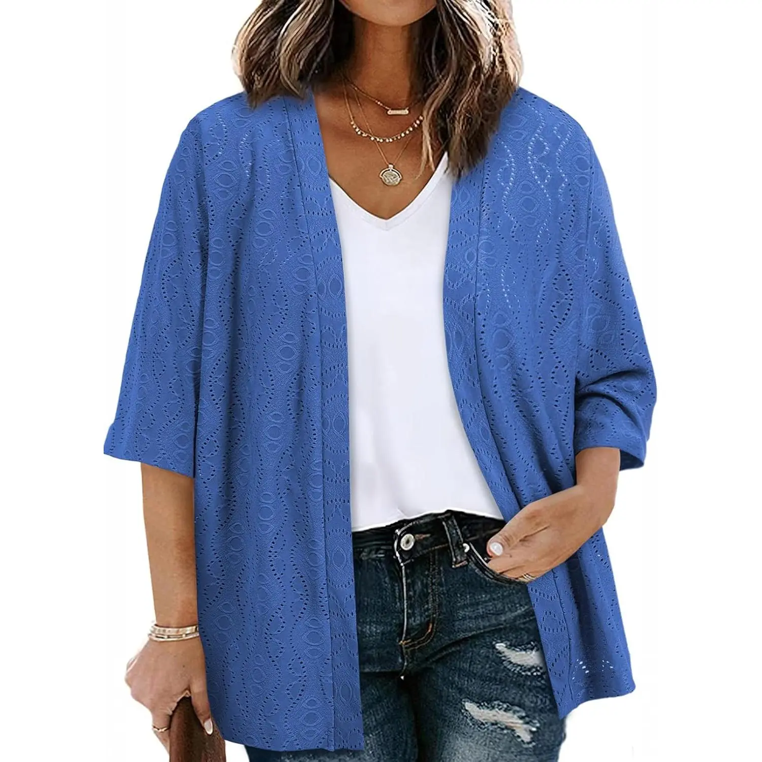 Women's Plus Size Big-Tall Knitted Half-Sleeve Jacquard Kimono Cover-Up Cardigan, Summer Breathable Elastane-Polyester Blend, Loose-Fit, Casual Lightweight (1X-5X, Includes 3X), Knitting