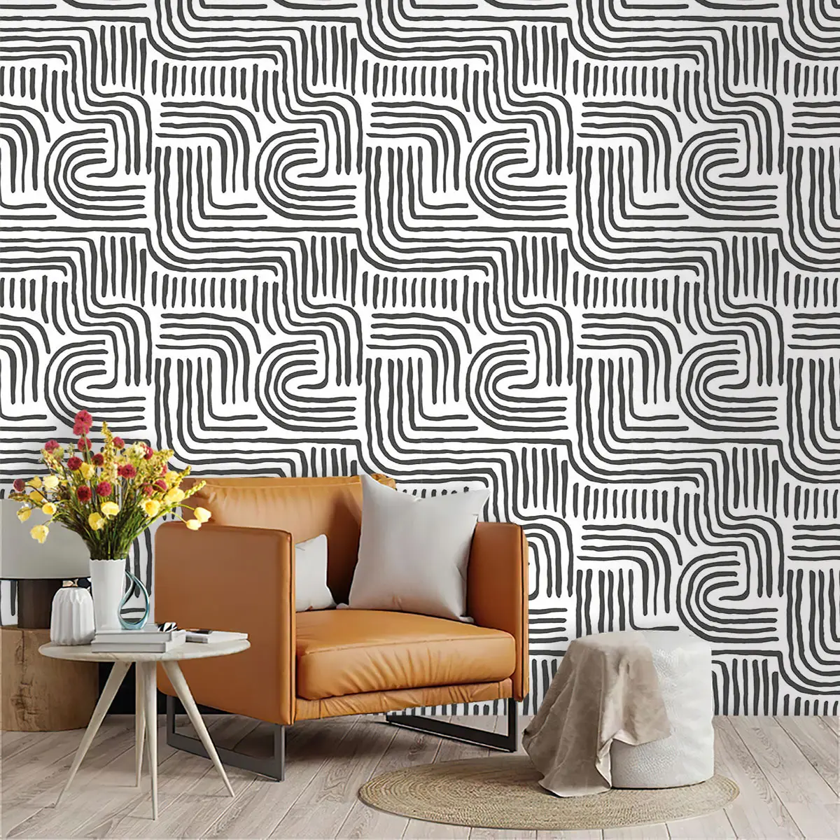 1pc Modern Black White Abstract Geometric Lines PVC Wallpaper, Sticky Wallpaper Peel and Stick, Peel and Stick Self-Adhesive Wall Sticker for Home Decor & Wall Renovation, Suitable for All Rooms
