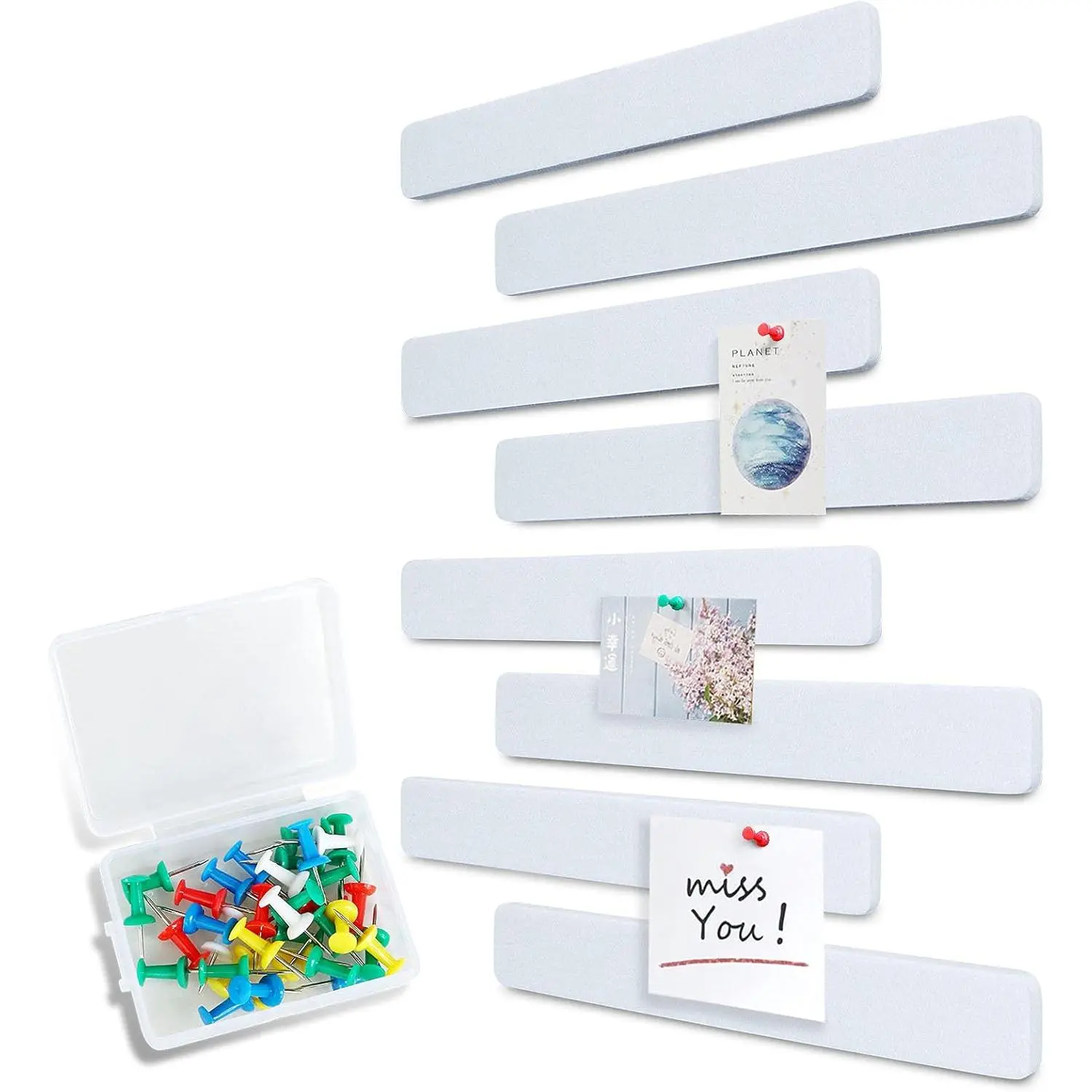 Felt Pin Board Bar 13"x2", Pack of 8 Bulletin Board Strips with 40 Push Pins,  Office Memos Notice Boards Felt Wall Tiles