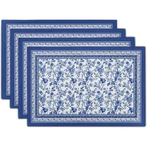 Blue Floral Branches Placemats Set of 4, 12 x 18 Inch Chinoiserie Table Mats Washable Heat Resistant Linen Fabric Rectangle Place Mat for Indoor Outdoor Kitchen Dining Home Decor