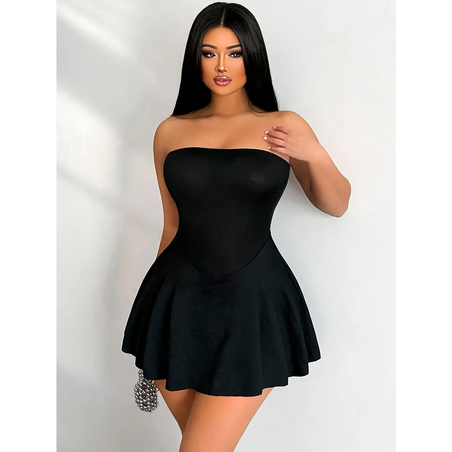 Women's Plus Size Strapless Aline Flare Mini Dress Black Elegant Party Evening Dress Bodycon Cocktail Dress Highwaisted Summer Sexy Clubwear