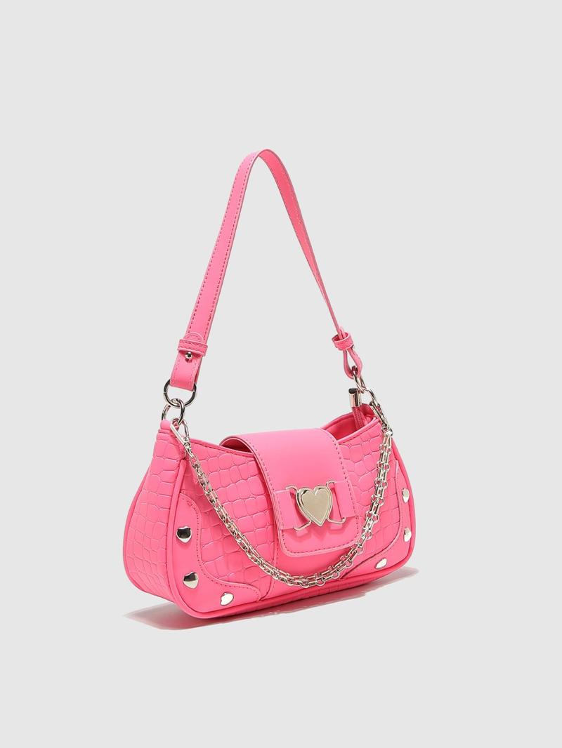 Women's Fashion Chain Decor Shoulder Bag, Heart Decorated Crocodile Textured Pu Leather Bag for Daily Used, Trendy All-match Underarm Bag, Cute Y2k Punk Style Hobo Dumpling Bag, Casual Zipper Purse