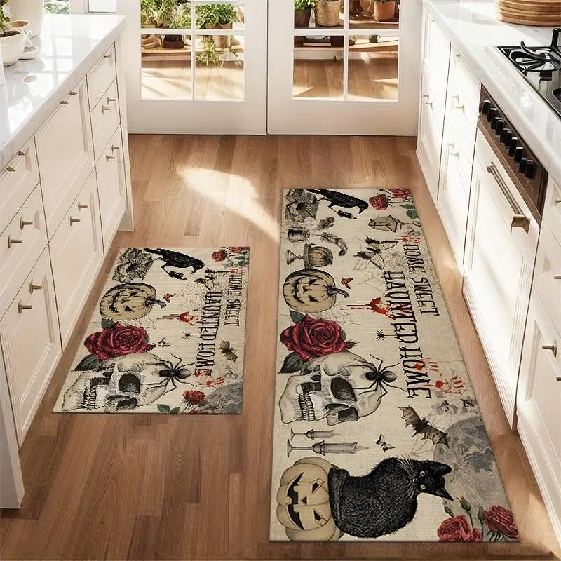 2Pcs Halloween Pumpkin Lamp Skull Black Cat Floor Mat Set, Suitable For Farmhouse, Kitchen, Dining Room, Laundry Room, Decorative Carpet Mat
