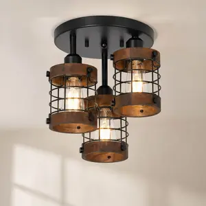 ARCH 3-Light Farmhouse Metal Cage Semi Flush Mount Ceiling Light, Black-Brown Finish, 9.80" W x 9.80" D x 12.00" H, E26 Base, Dimmable, 40W Per Bulb, for Bedroom, Kitchens, Closets