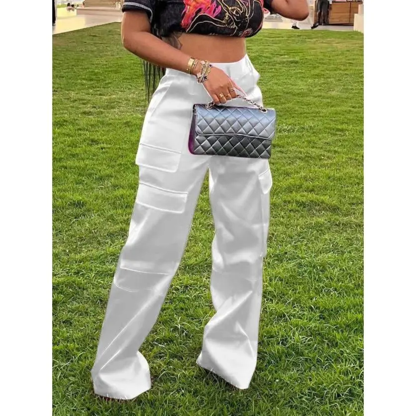 Women High Waisted Satin Cargo Pants Wide Leg Casual Pants Multi Pockets Straight Trousers