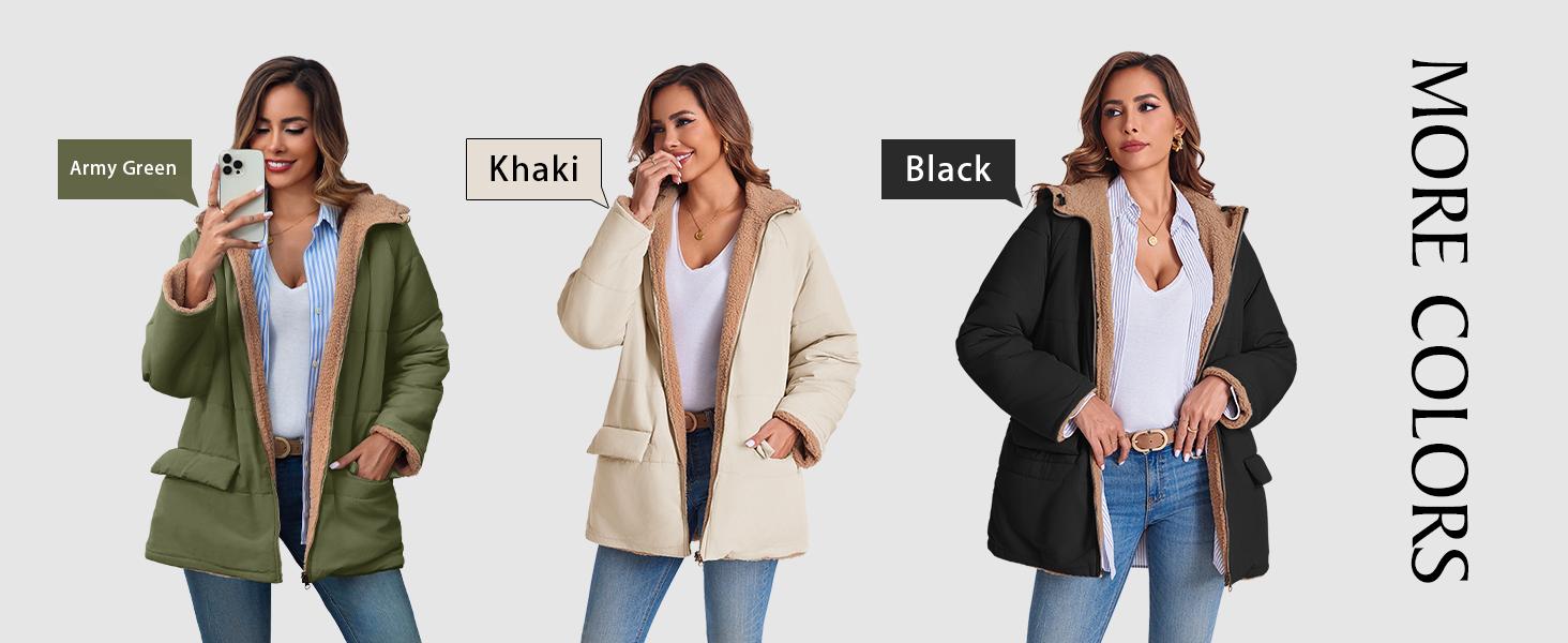 FMEYOA Womens Reversible Puffer Jackets Sherpa Lined Fleece Winter Coats Casual Zip Up Hooded Warm Outerwear