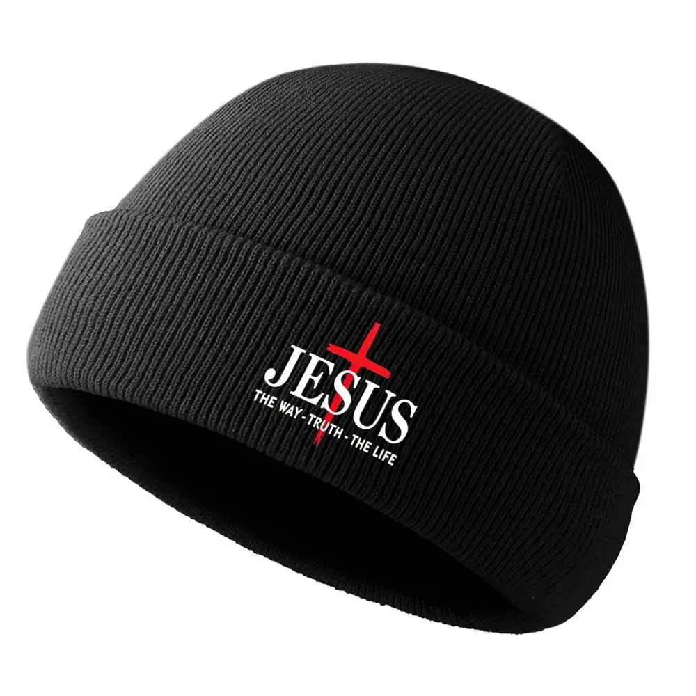 Unisex Christian Faith Cuffed Ribbed Brimless Beanie - Premium Acrylic Black Knit Hat, Jesus Cross "The Way of Truth" Scripture Text, Warm Comfortable Religious Casual All-Seasons Accessory