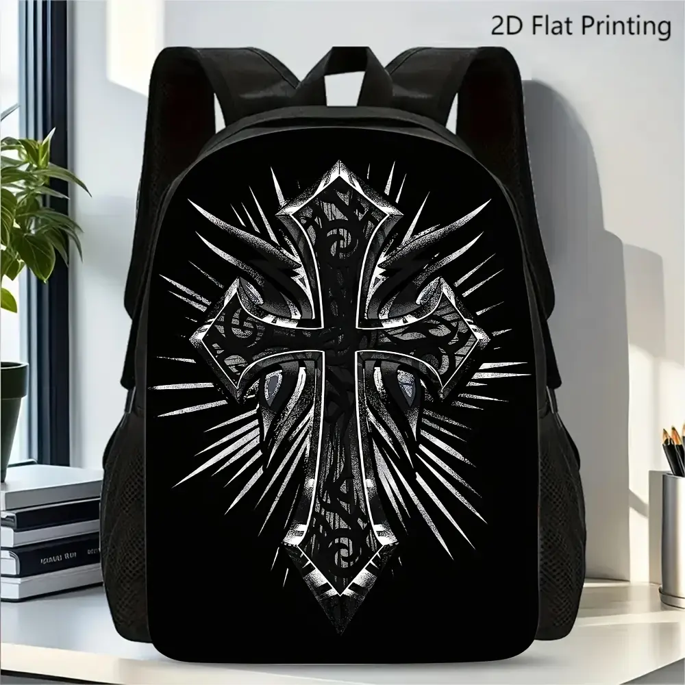 Unisex Gothic Backpack with a Radiating Cross Print, Multi-Function Water-Repellent Oxford Daypack for School and Daily Travel, Gothic Look