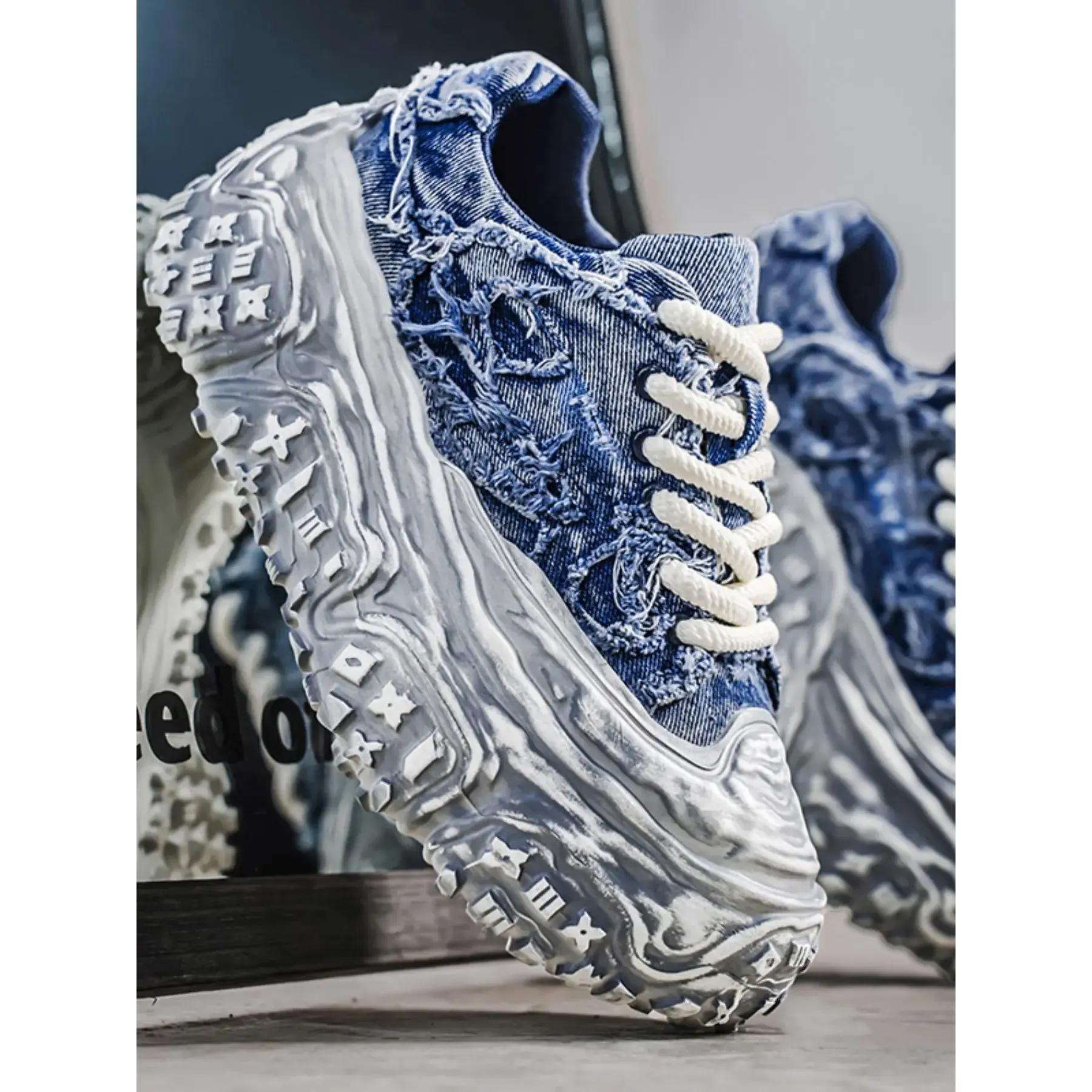 Men's Distressed Denim Chunky Platform Sneakers, Frayed Retro Streetwear Shoes, Avant-Garde Footwear for American Fashion Lovers Men's Distressed Denim Chunky Platform Sneakers, Frayed Retro Streetwear Shoes, Avant-Garde Footwear for American Fashion Lovers