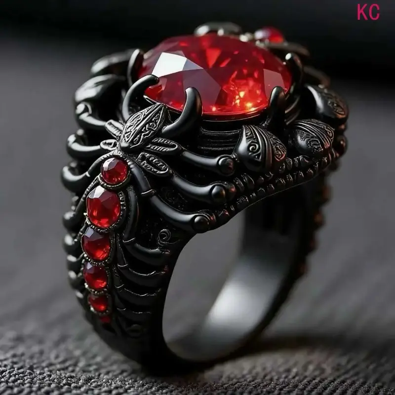 Gunmetal Scorpion Ring Inlaid with Ruby, Alloy Finger Jewelry for European American Daily Street Styling