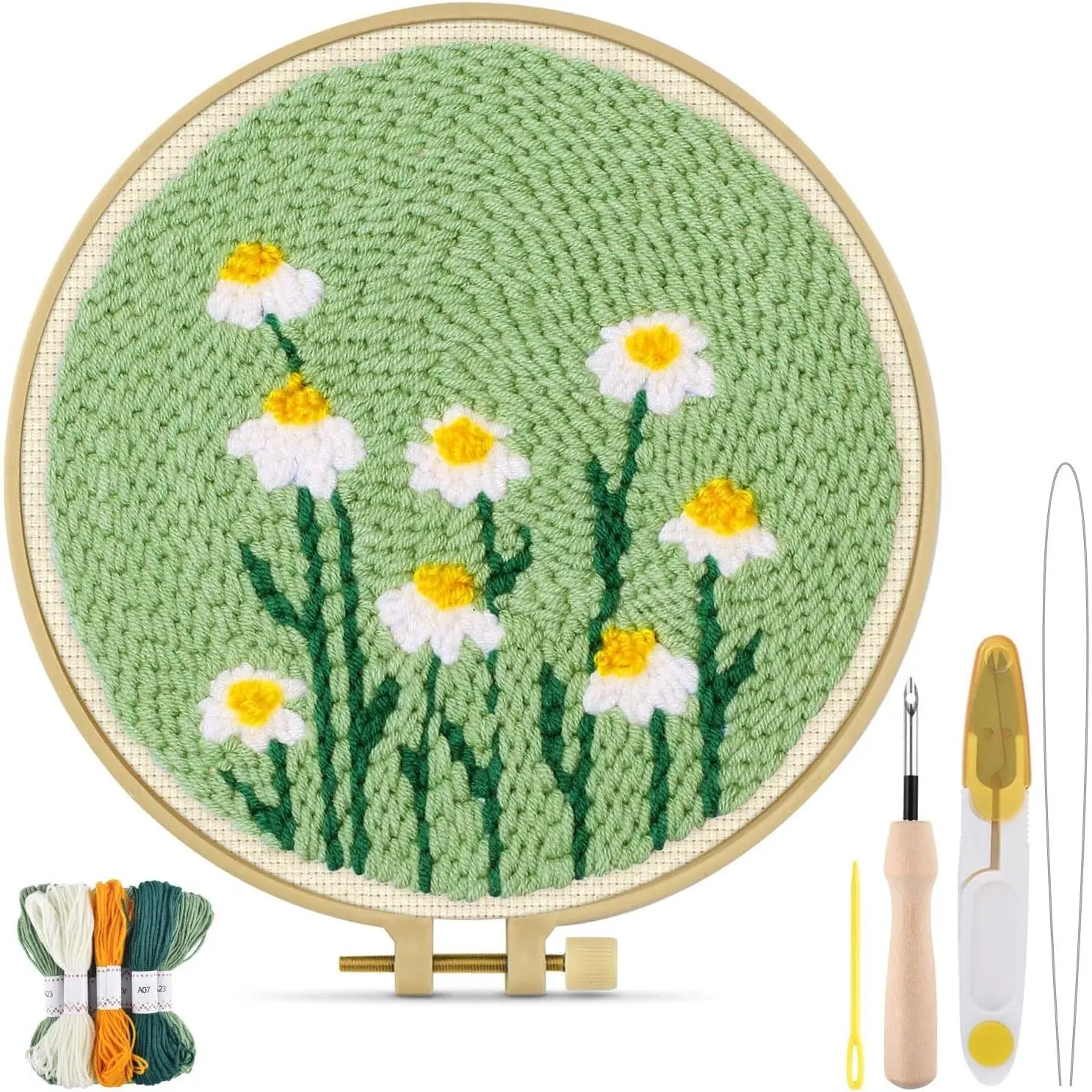 Daisy Punch Needle Embroidery Kit for Adults with Fabric, Hoops, Yarns, Sewing Needles & Punch Needle ToolGift