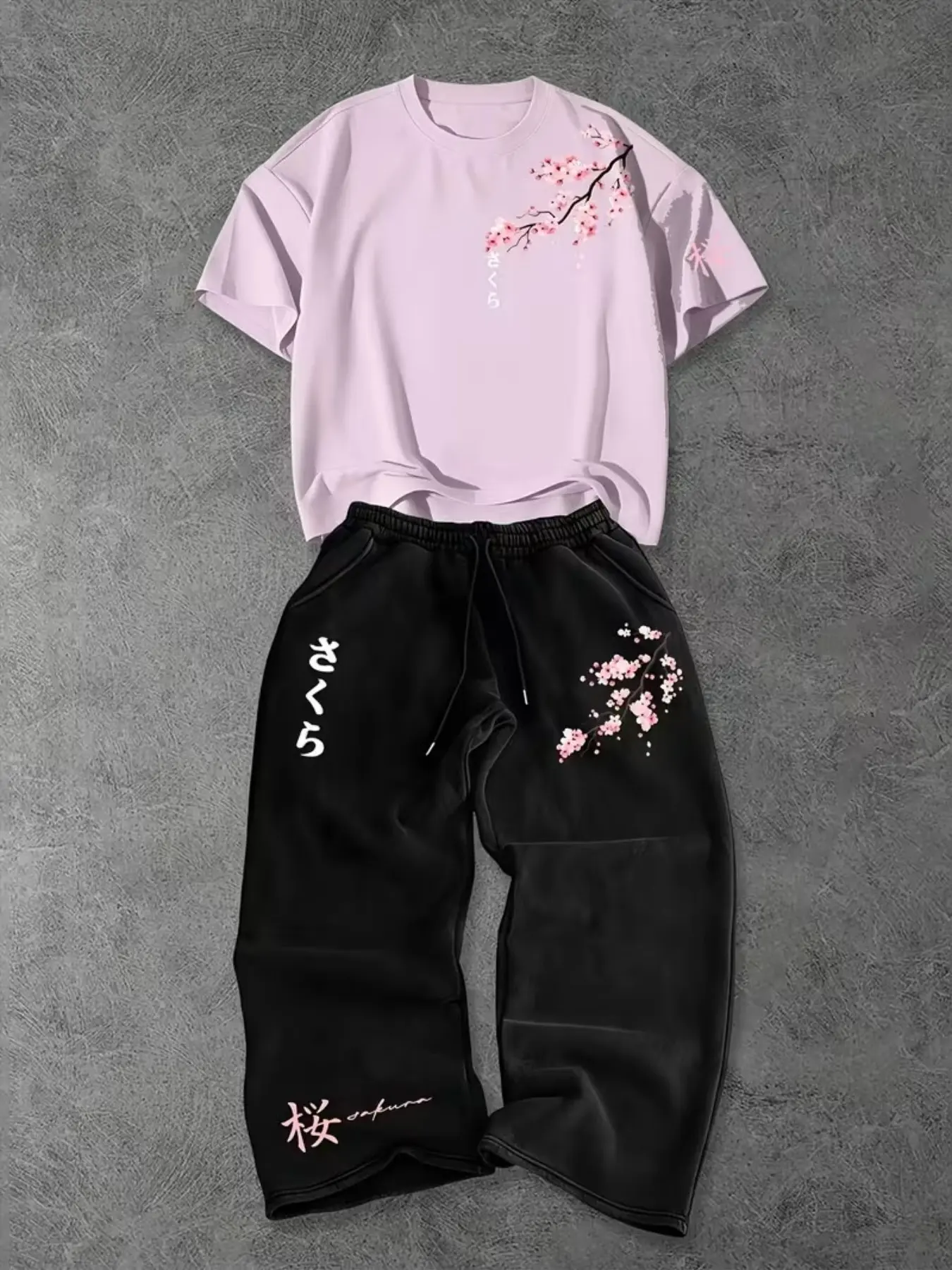 Men's Two-Piece Fashion Casual Set, Soft Comfort Cherry Blossom Pattern Round Neck T-Shirt and Drawstring Wide Leg Pants, All Seasons, Menswear