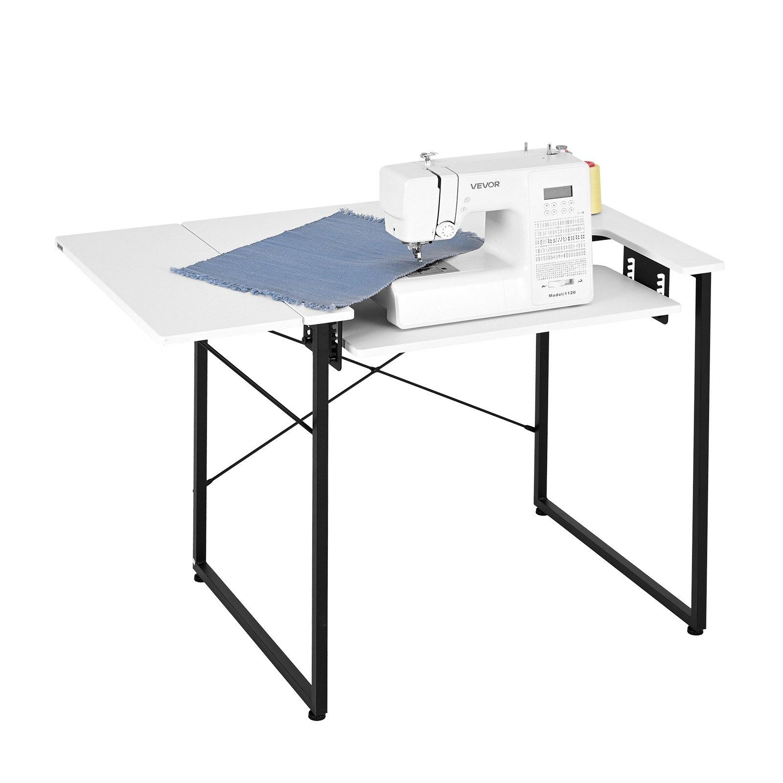 VEVOR Sewing Table, Multipurpose Sewing Machine Table with Foldable Side Shelf, Adjustable Shelf, Steel Legs, Computer Desk for Home, Fashion Studio, Art Studio, Educational Institution, White