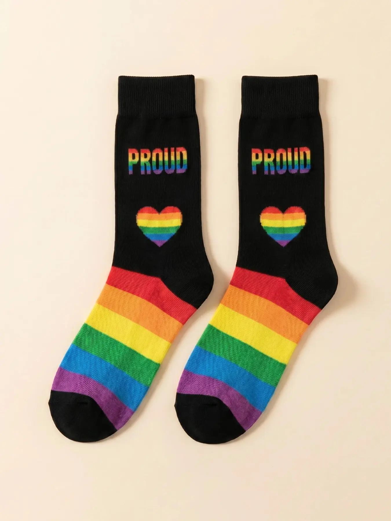1 Pair of PROUD Rainbow All-Over Horizontal Stripe Heart Dopamine Mid-Calf Socks (Unisex) 360° Printing Process  Knee-High Socks, Casual Socks, Holiday Socks, Pride Statement Socks—The Perfect Gift for LGBT Pride Month