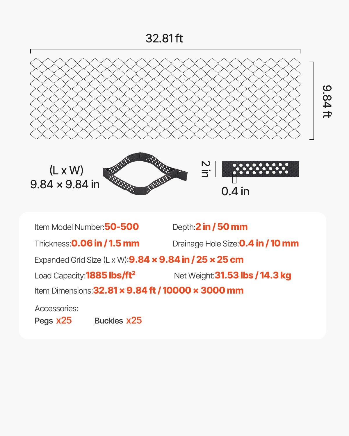VEVOR Gravel Grid, 2 Inch Depth, 32.81 x 9.84 FT / 10000 x 3000 mm, 1880 LBS Per Sq ft Grass Ground Retainer, Permeable Geo Grids Driveway Stabilization, for Garden, Patio, Walkway, RV Parking Slopes