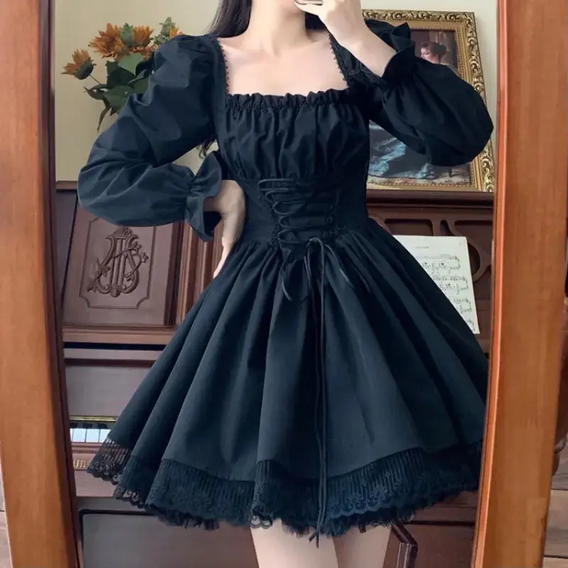 Sweet Princess Cute Lolita Dress 2024 Spring New Square Collar Strap Waist Closure