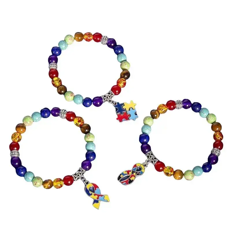 Beaded Bracelet for Autism Awareness, Unisex Rainbow Chakra Stone Stretch Band with Puzzle Piece Charm for Support & Daily Wear