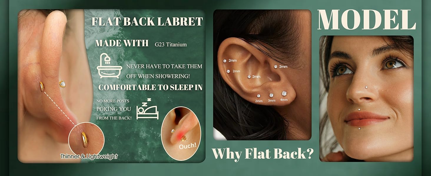 CASSIECA 3 Pairs G23 Titanium Flat Back Earrings Hypoallergenic 14K Plated Gold Filled Internal Thread Stud Earring 16G 18G Cartilage Helix Tragus Conch Piercing Jewelry Nose Lip Labret Studs for Women Men
