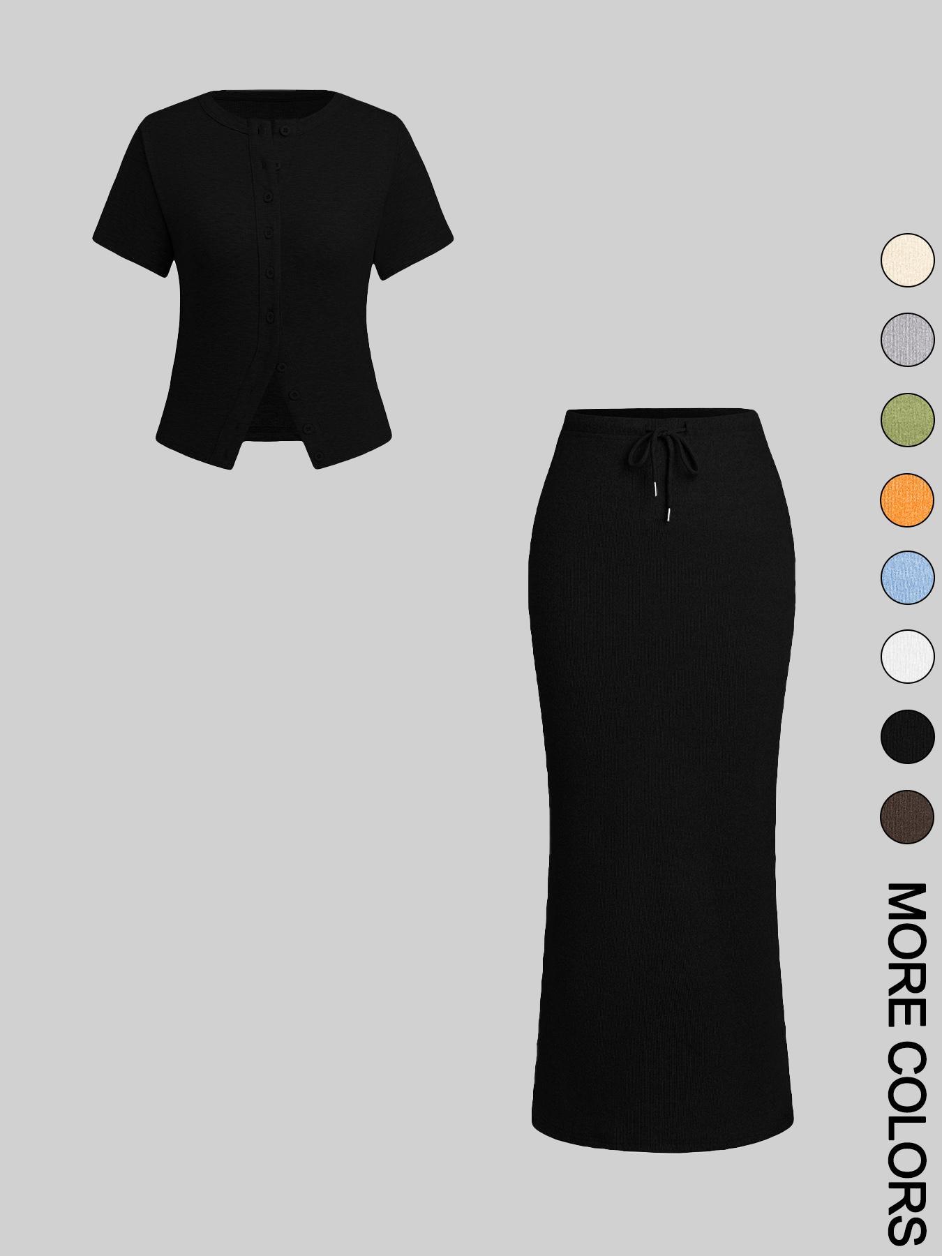 Women's Solid Basic Button Front Tee & Drawstring Split Hem Skirt Two-piece Set, Casual Short Sleeve Round Neck Top & Skirt for Daily Wear, Ladies Two-piece Outfits for All Seasons, Matching Clothing Set Women