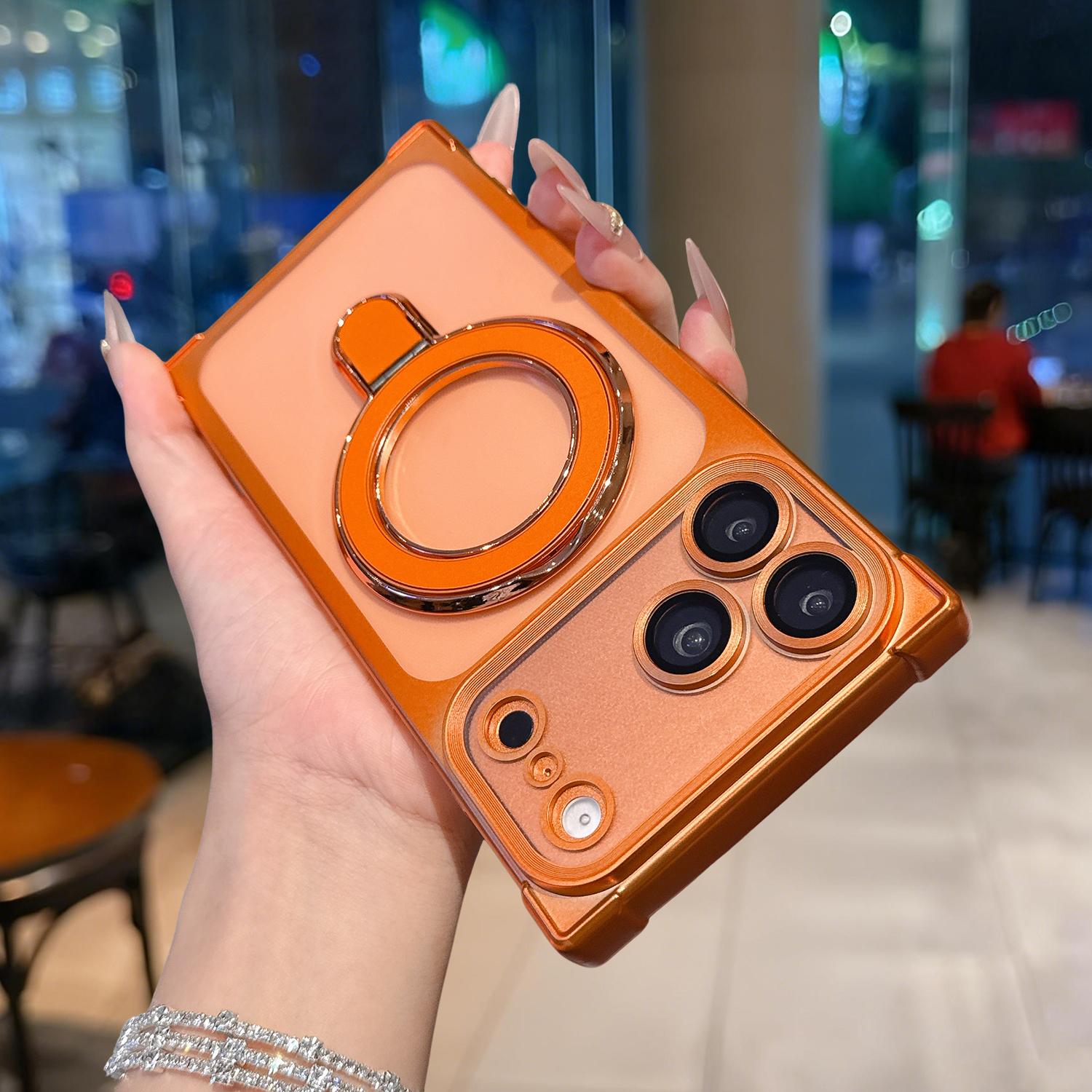 Rectangle Magnetic Clear Case for iPhone 17 Pro Max 16 15 14 13 with Magnetic Ring Stand [Compatible with Mag-Safe] [Full Camera Lens Protector] Plating Clear Phone Case