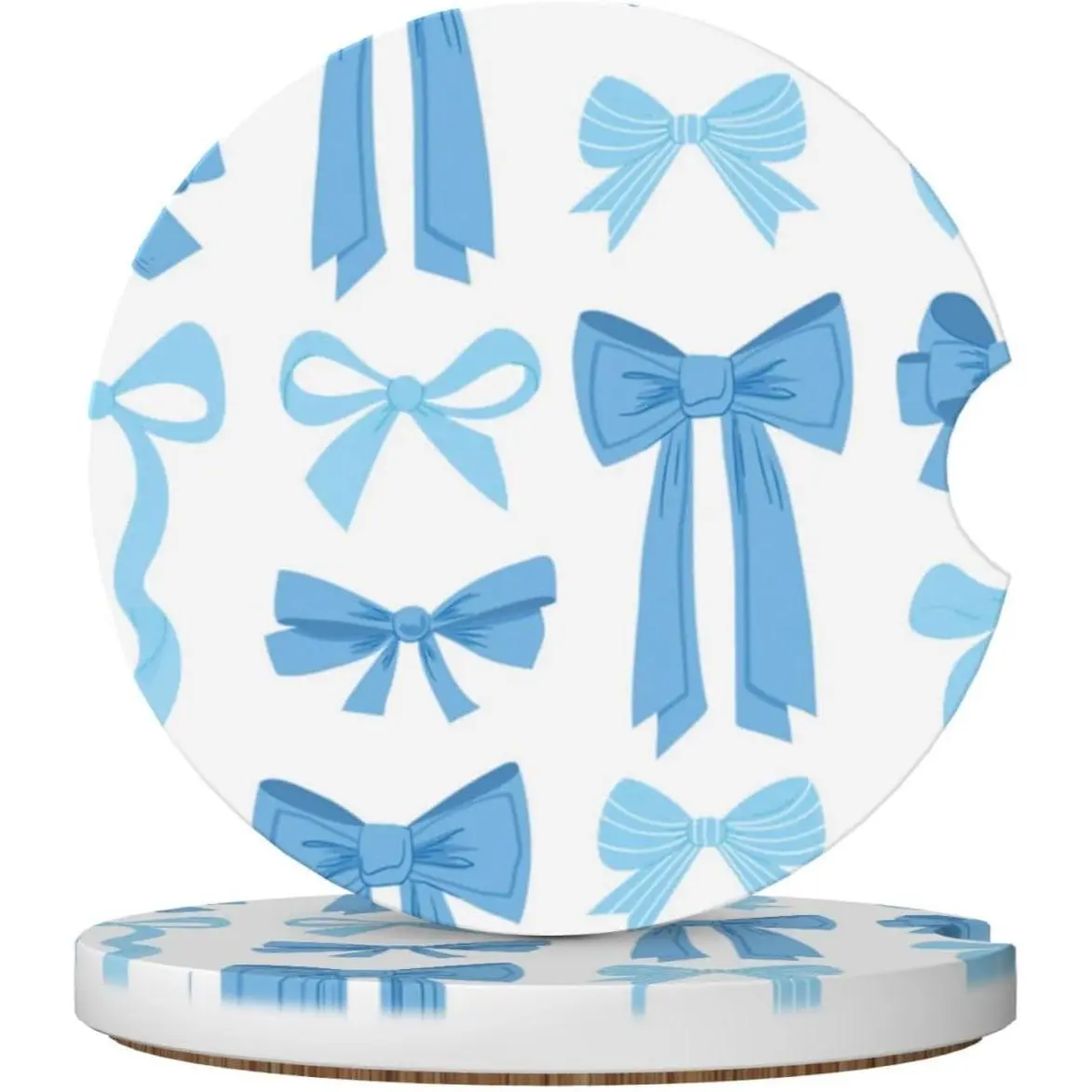 Blue Bow  Cup Coaster 2 Pack Ceramic Absorbent  Coasters 2.56 Inch Non-Slip  Cup Holder Interior  Accessories for Women Girls Cup Mats with Cork Base and Finger Notch