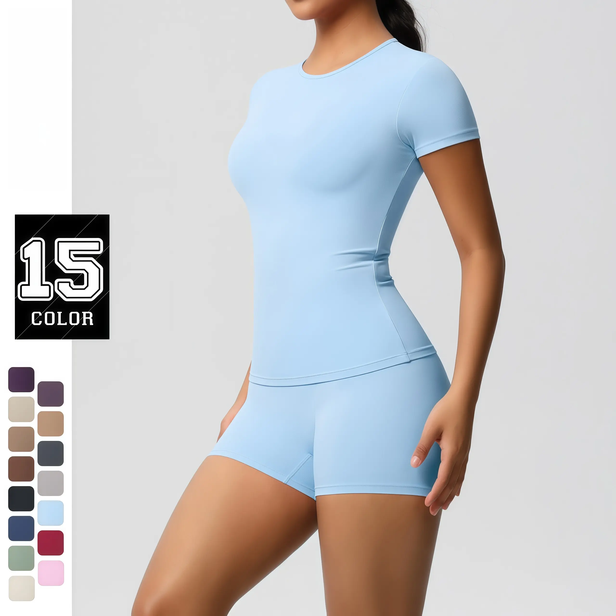 Women's 2-Set Sports Yoga Clothing Sets - Compression Slim Fit Tees, Short Sleeves Stretch Fabric Fitness Shorts, Standard Sizes for Slimming Workouts