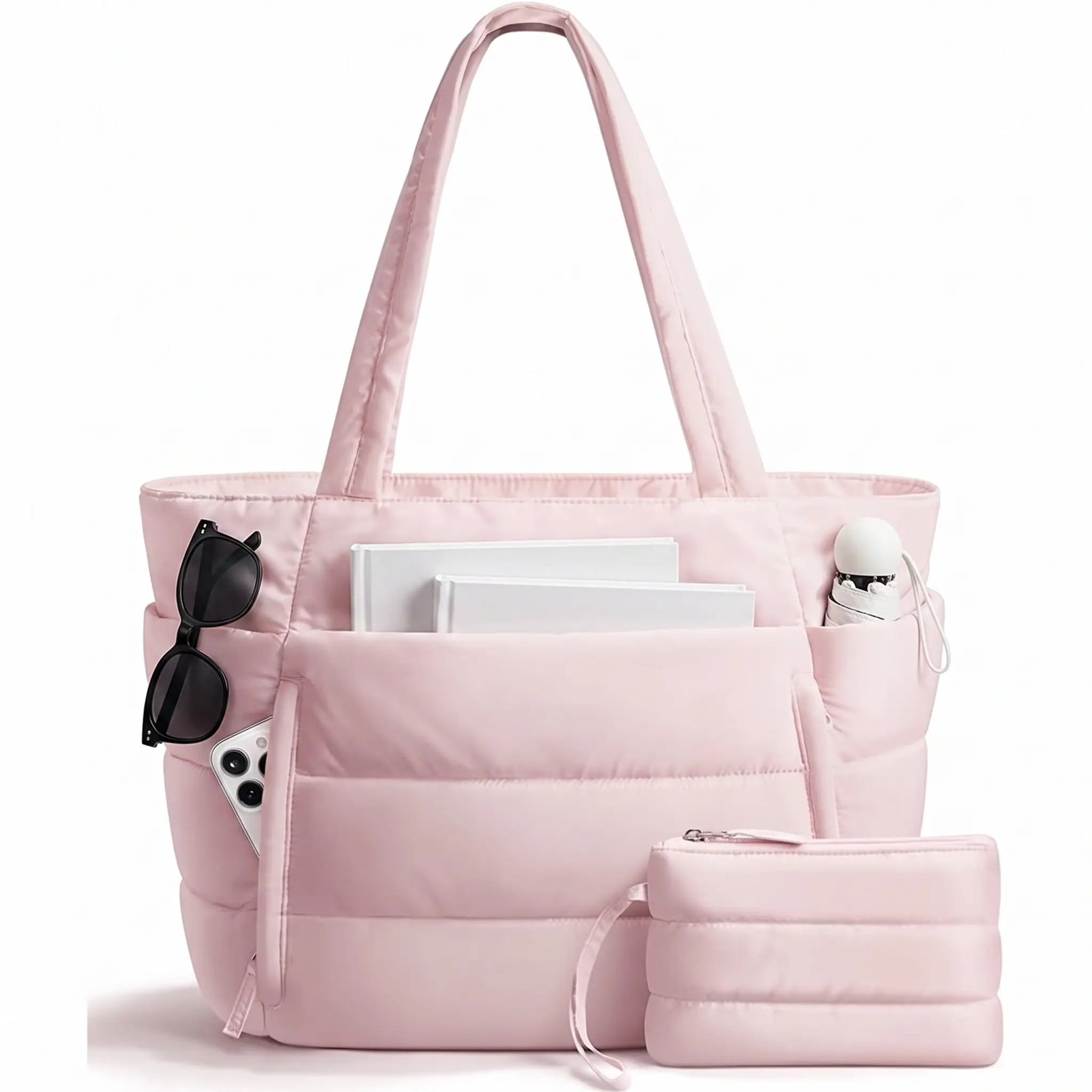 Puffer Tote Bag for Women with Makeup Bag, Large Work Laptop Bag, Lightweight Zipper Travel Bag, Quilted Shoulder Handbag for School Gym, Gifts for Mom Wife Teacher Nurse-YY1